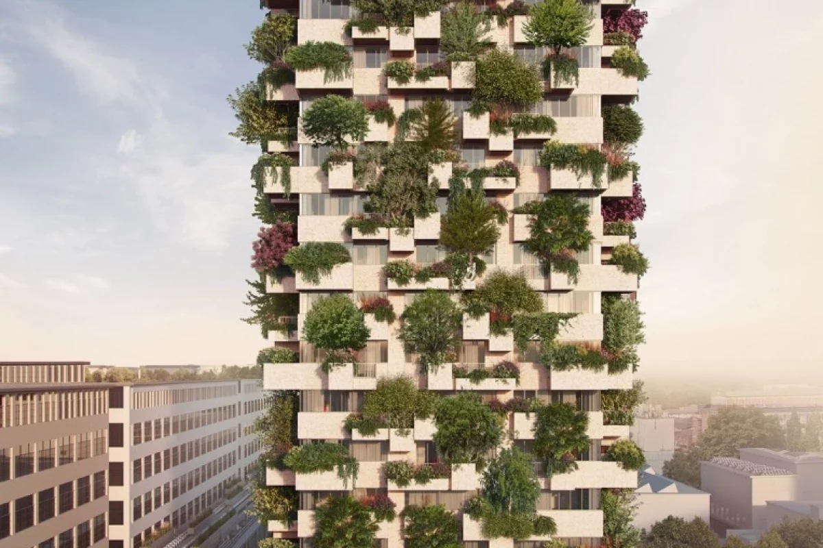 The Trudo Vertical Forest will rise to a total height of 75 m (246 ft) and host 125 trees, 5,200 shrubs and over 70 plant species