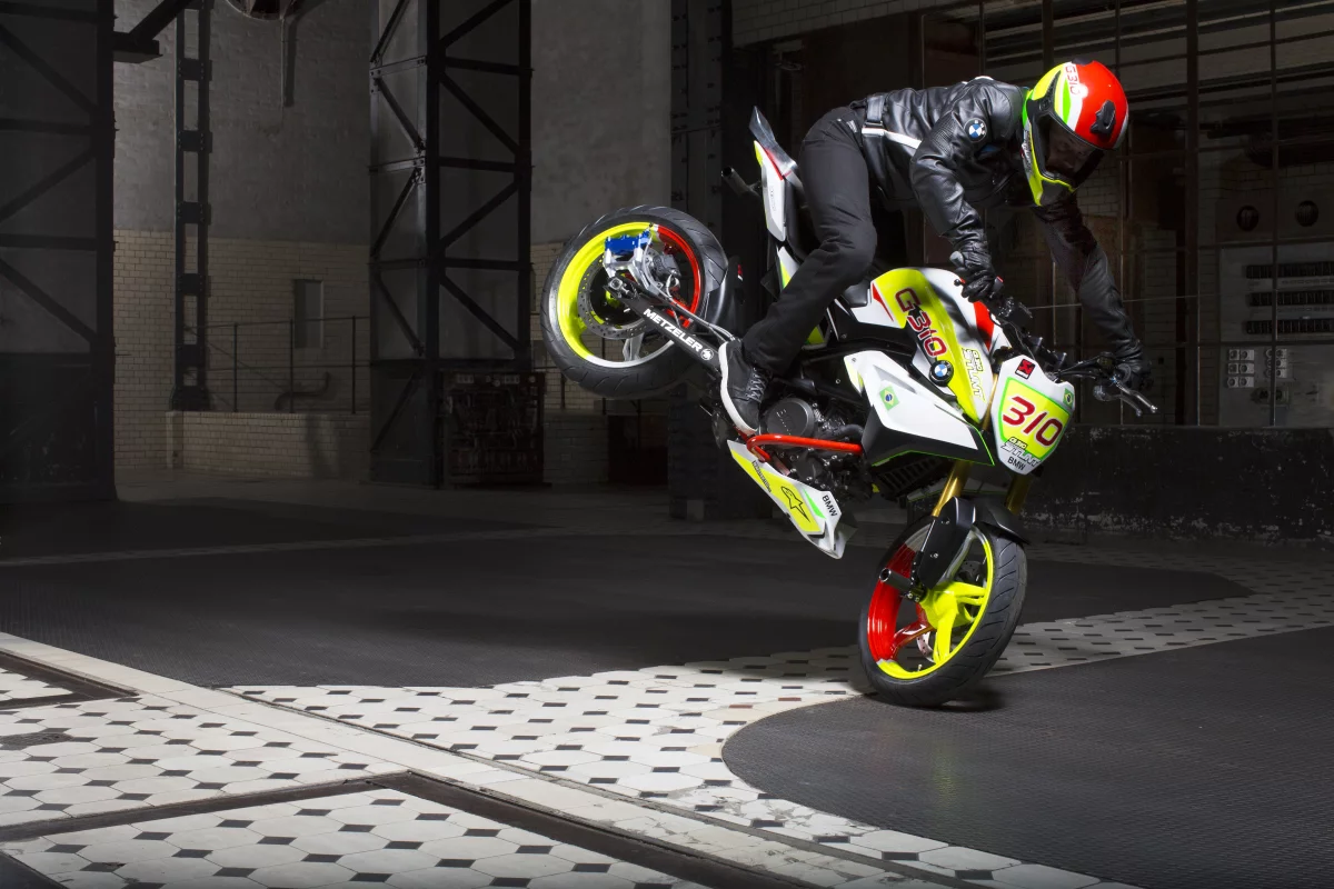 Christian Pfeiffer rides the BMW Concept Stunt G 310: rolling stoppie