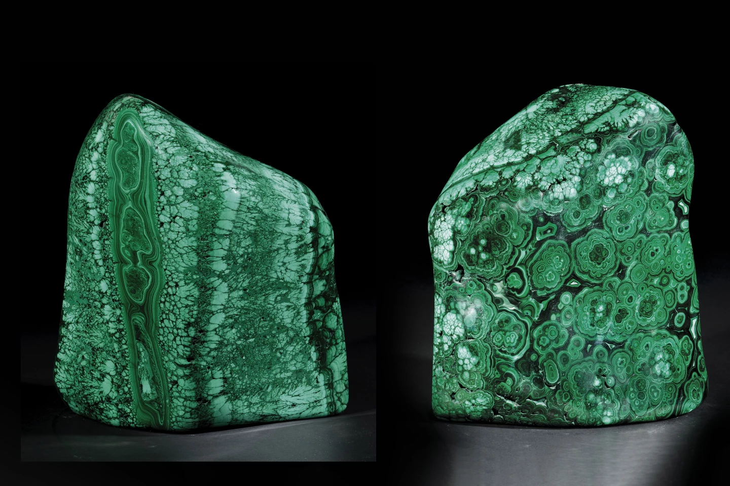 Originating from the Congo, this large free-standing specimen of malachite is polished on all sides and measures 113⁄4 x 11 x 8 inches (30 x 28 x 20 cm)