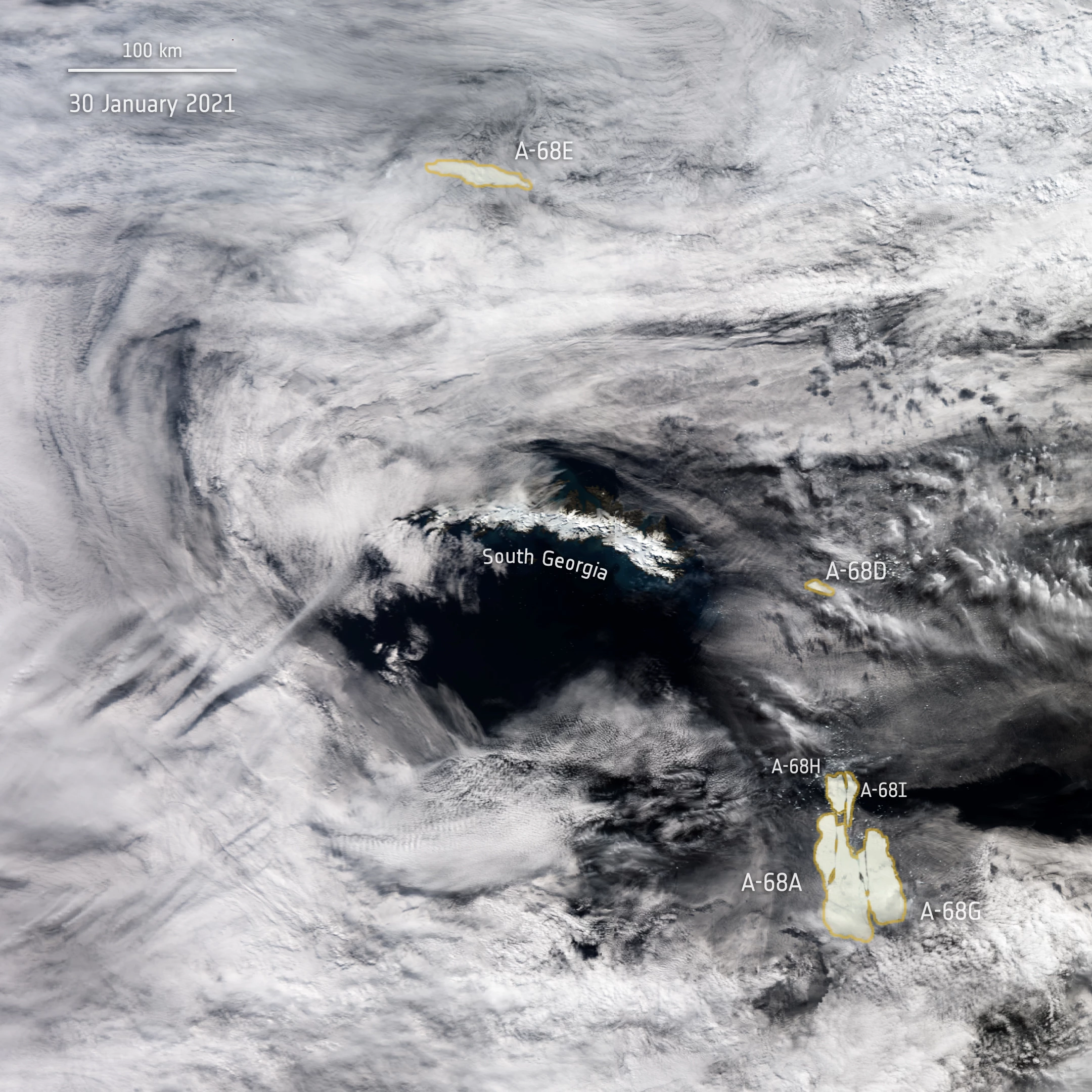 A-68 iceberg positions as seen by Copernicus Sentinel-3 mission