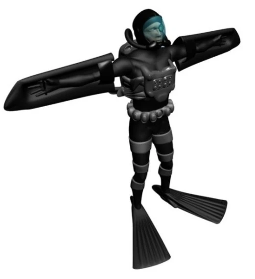 The second exoskeleton design provides users with lift-based arm fins, based on the biology of turtles and penguins.Image via University of West Florida