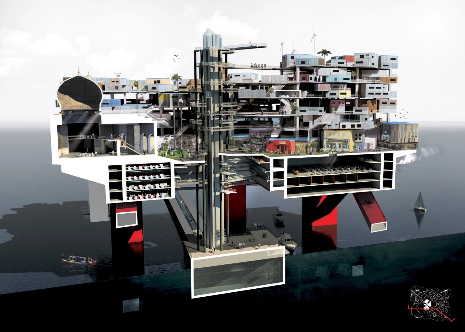 Architecture student Mayank Thammalla imagines moving around 400,000 people onto huge semi-submersible oil rigs