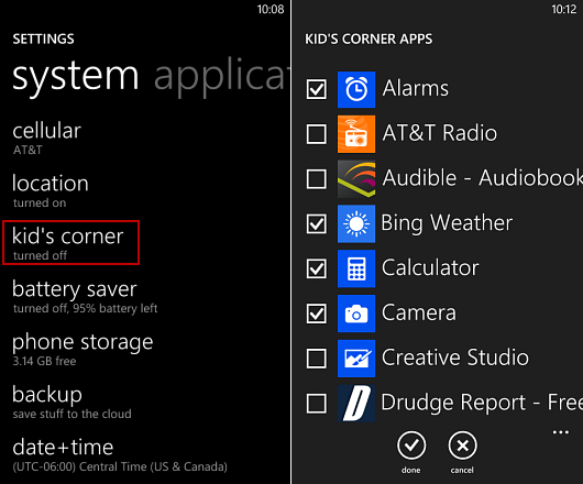 When you set up kid's corner, only select the apps and other items you want them to have access to