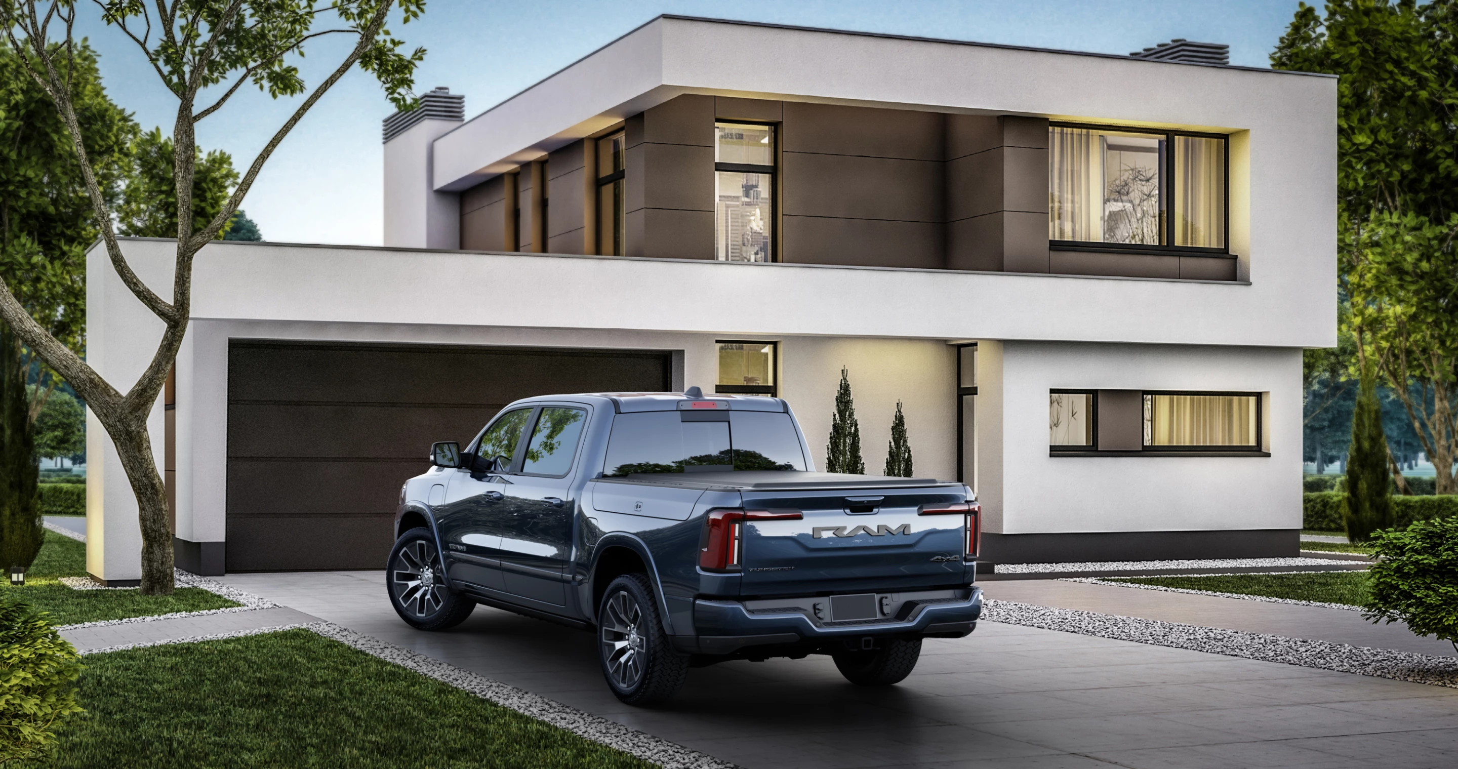 The lineup-topping Ram 1500 Ramcharger Tungsten parks for the night