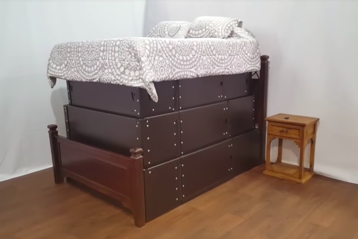 Telescoping bed frame doubles as a tornado shelter