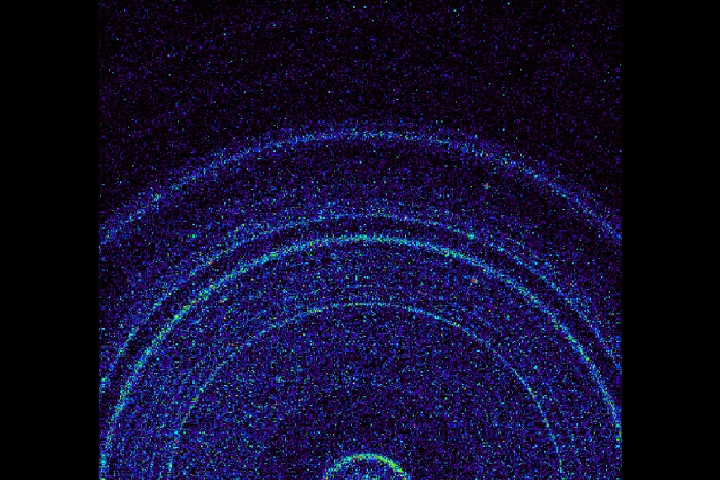 X-ray diffraction image of first Martian soil sample showing presence of crystalline feldspar, pyroxenes and olivine mixed with some amorphous (non-crystalline) material - similar to volcanic soils in Hawaii. (Image: NASA/JPL-Caltech/Ames)