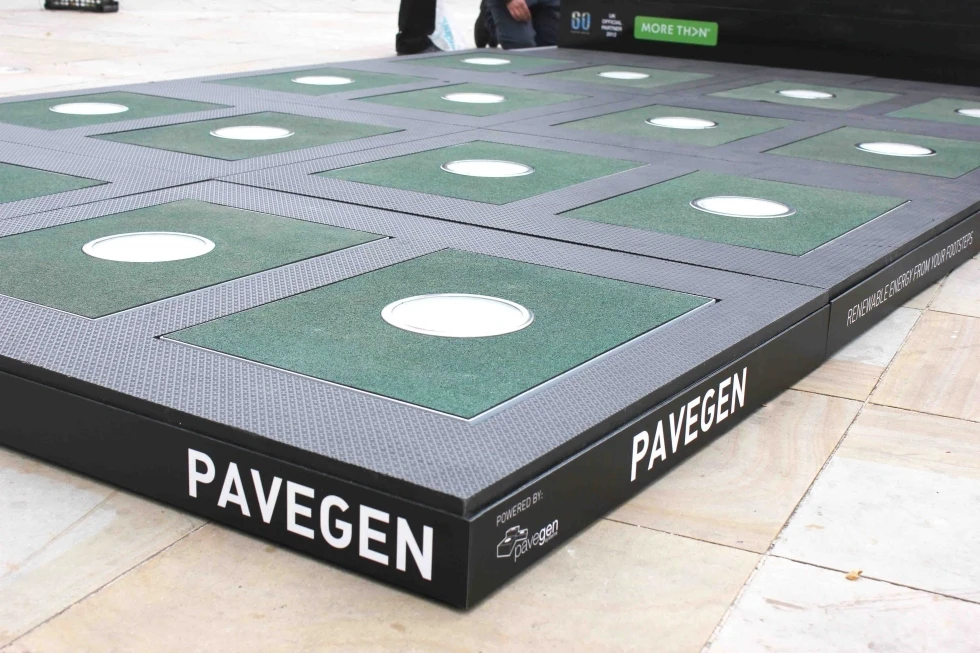Pavegen's tiles are designed to the convert the kinetic energy of footfall into electricity, that can be stored in a battery or used to power street lighting, information kiosks, and communications technology
