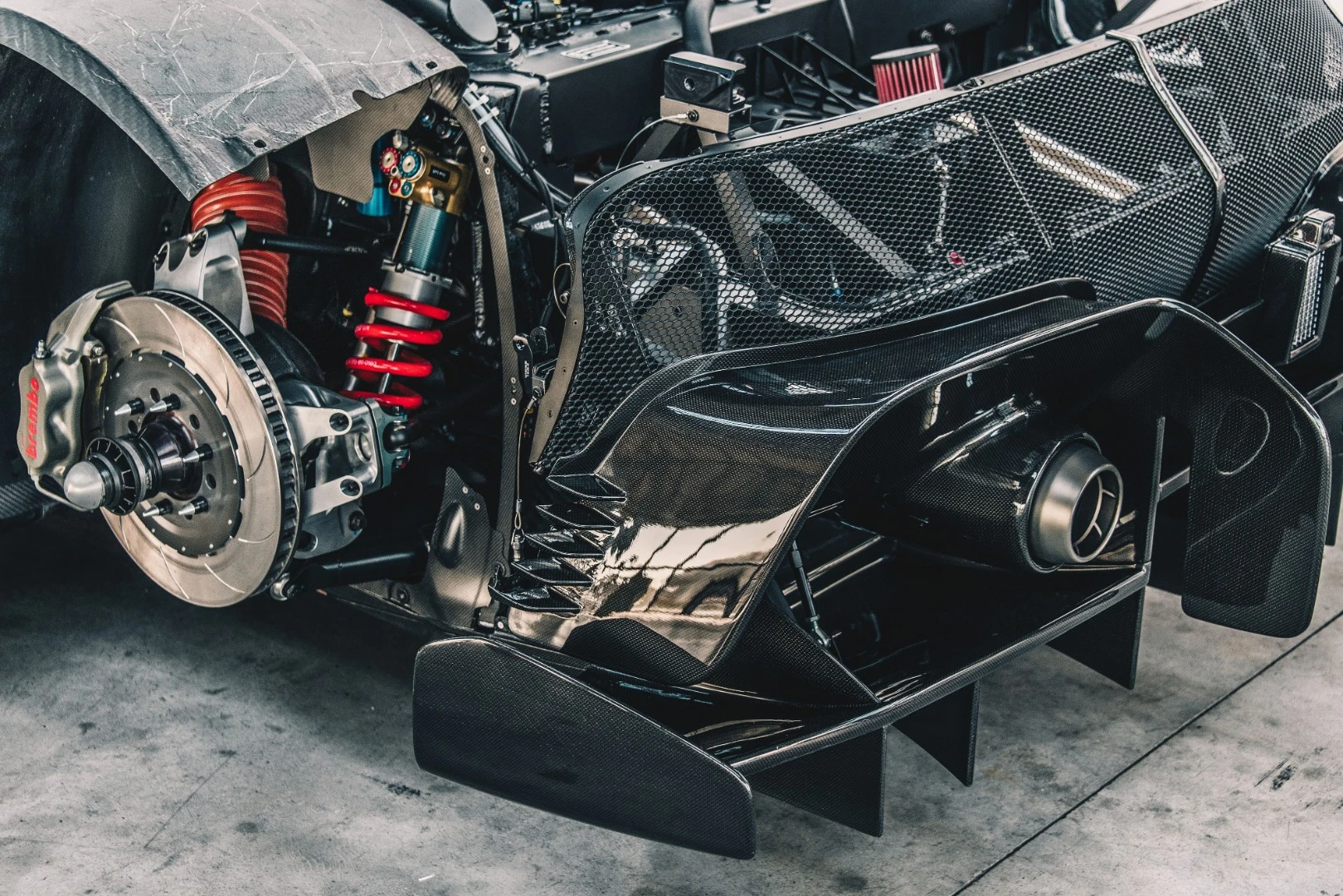 The rear of the car with bodywork removed