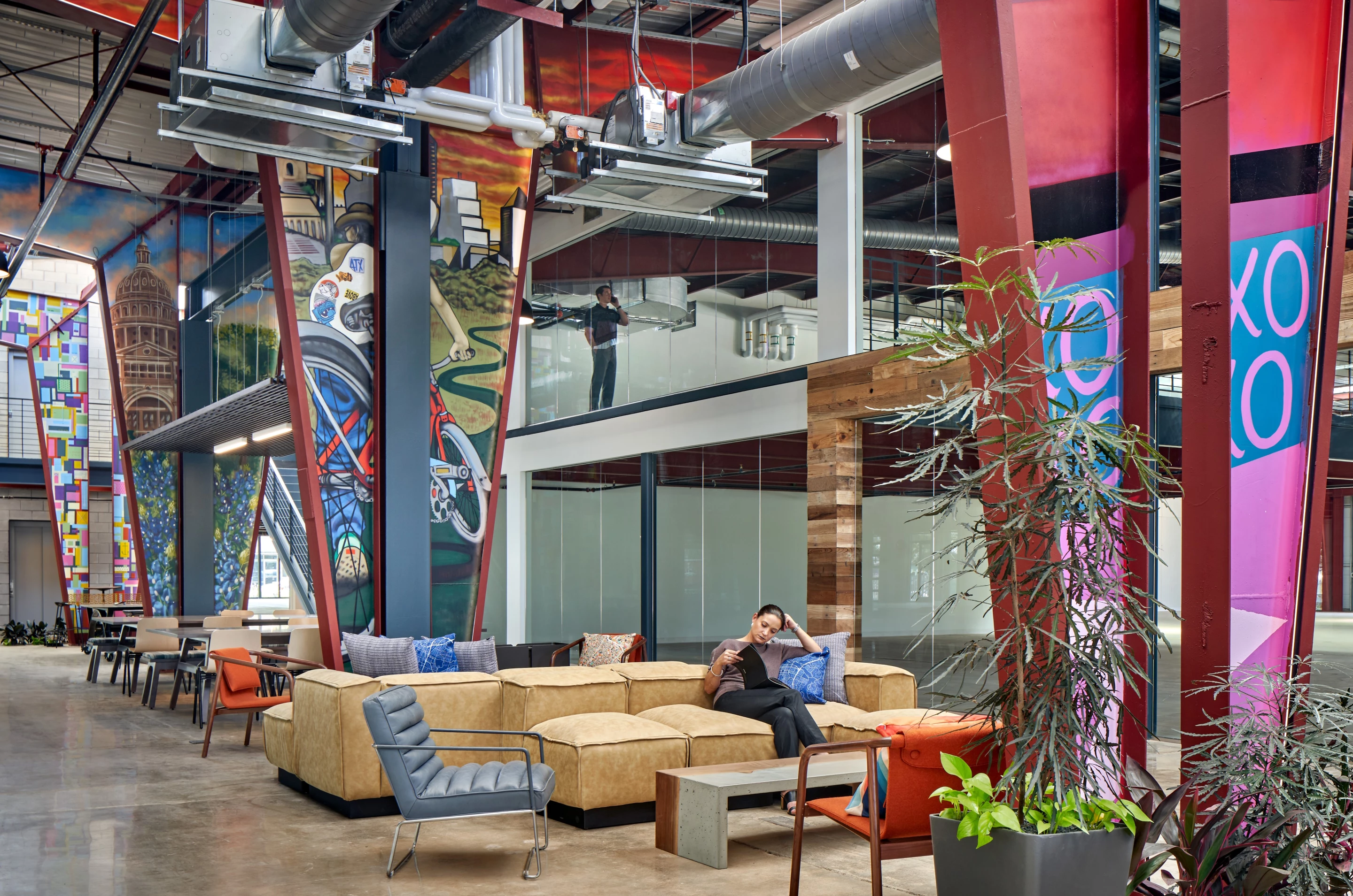 UpCycle involved transforming an old warehouse into a creative office space. Gensler made use of almost all the existing building, including, for example, industrial fans, which became decorative details. In a nod to the building’s past as a shipping facility, a decommissioned train car serves as an outdoor break room. Additionally, a series of new windows were installed to increase daylight inside