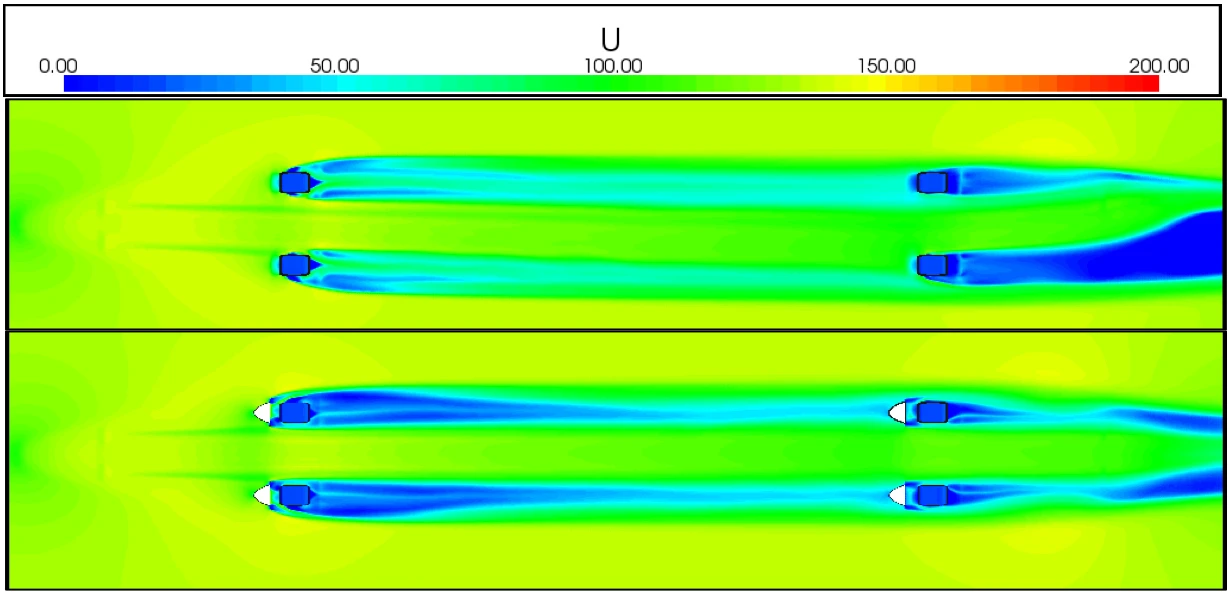 In simulations conducted at the Ohio Supercomputer Center, airflow under the Buckeye Bullet traveling at 300 mph without wind deflectors installed in front of the wheel wells (top) is compared with the airflow under the vehicle with wind deflectors installed (bottom)
