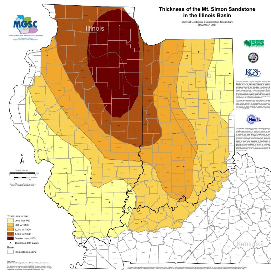 Map of the thickness of the Mt. Simon sandstone in the Illinois Basin (Image: Midwest Geological Sequestration Consortium)
