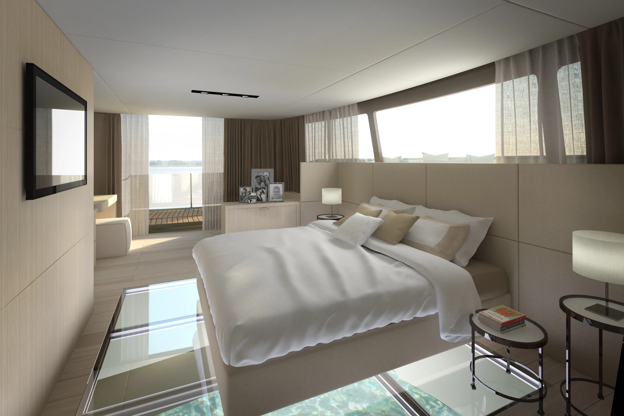 Fully equipped master bedroom with a glass-bottom floor