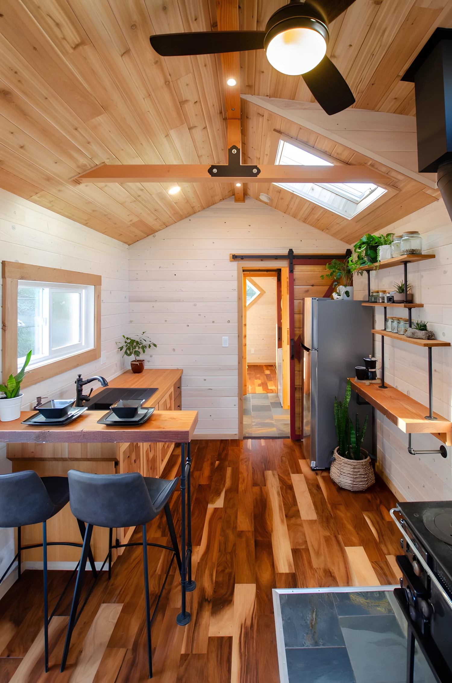 The Huckleberry's kitchen includes a breakfast bar seating area for two