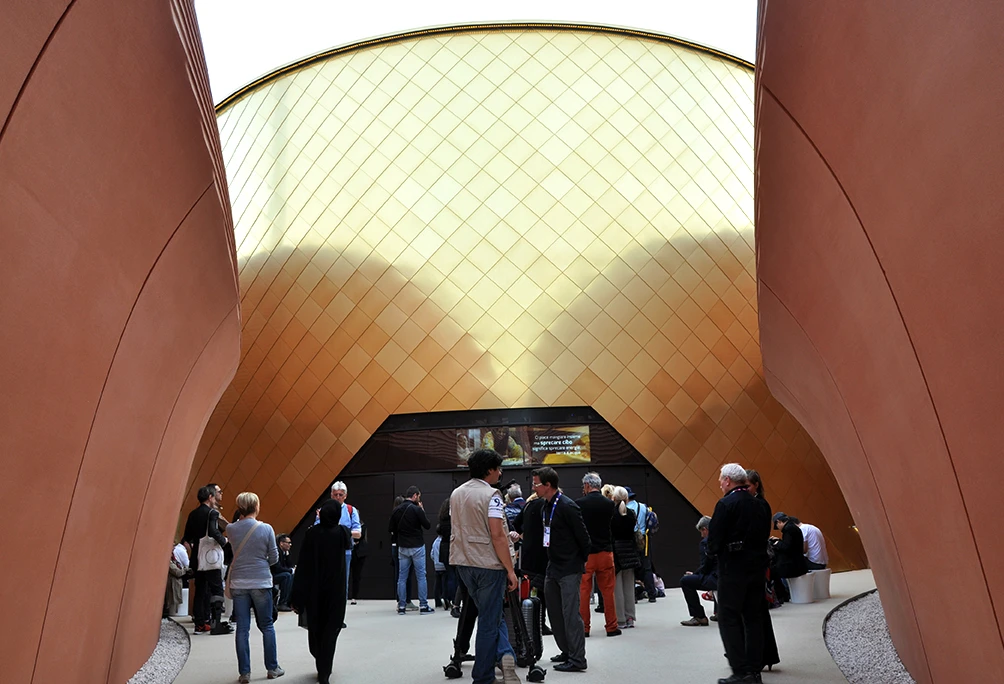 The pathways lead visitors up from the main entrance, through to an impressive gold auditorium