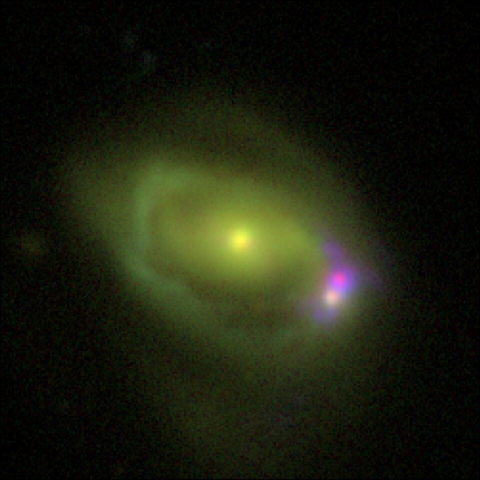 When galaxies collide: Was 49a is seen in green and Was 49b is in pink