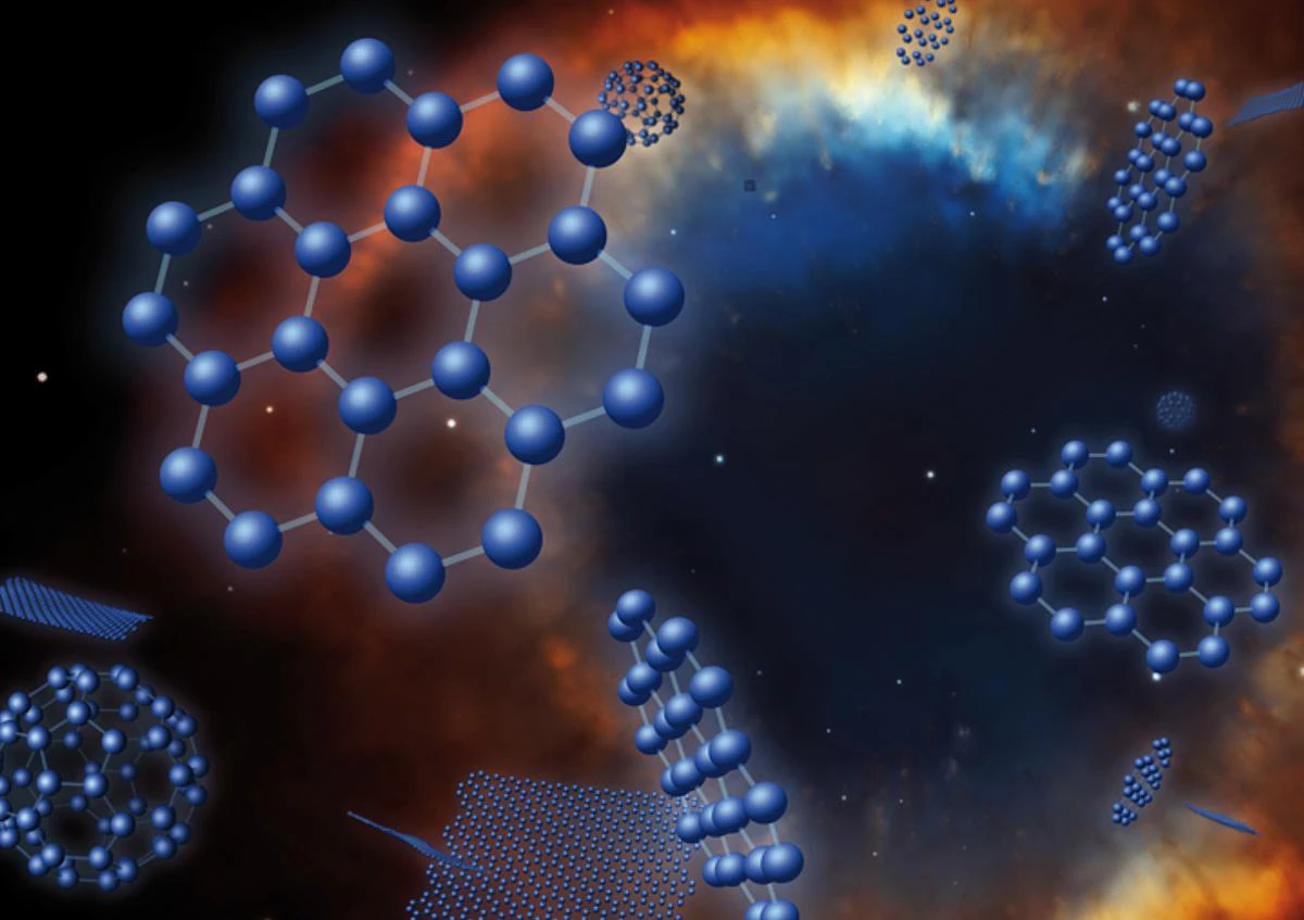 An artist's concept of graphene, buckyballs and C70 superimposed on an image of the Helix planetary nebula (Image: IAC/NASA/NOAO/ESA/STScI/NRAO)