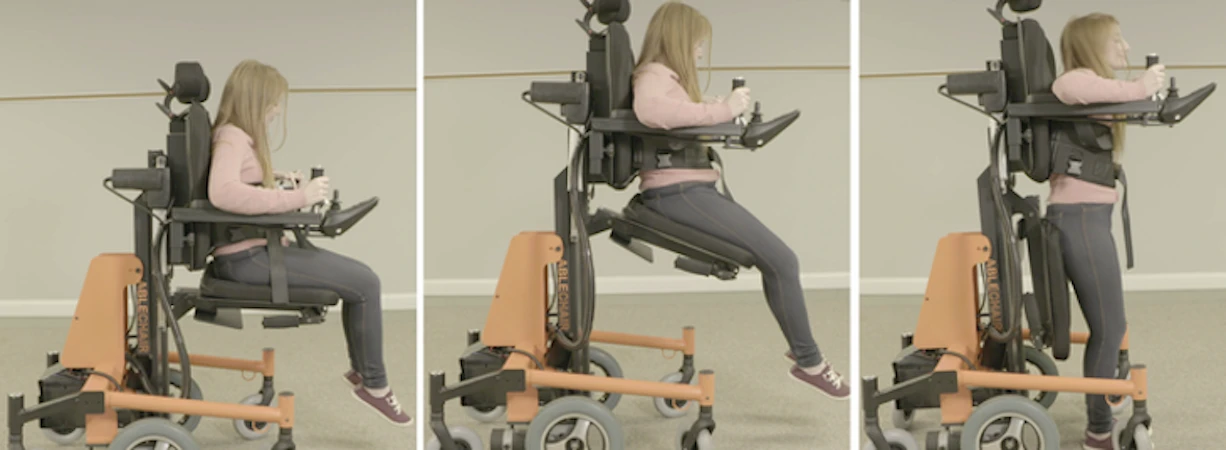 The AbleChair is kind of like a joystick-controlled motorized wheelchair that functions like a forklift