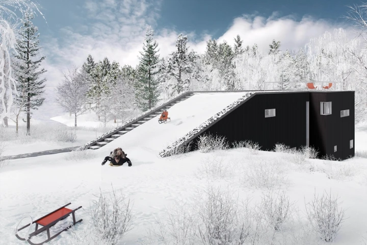 As well as acting as a sledding hill when it snows, the Pulkabacken House ramp leads up to a party deck