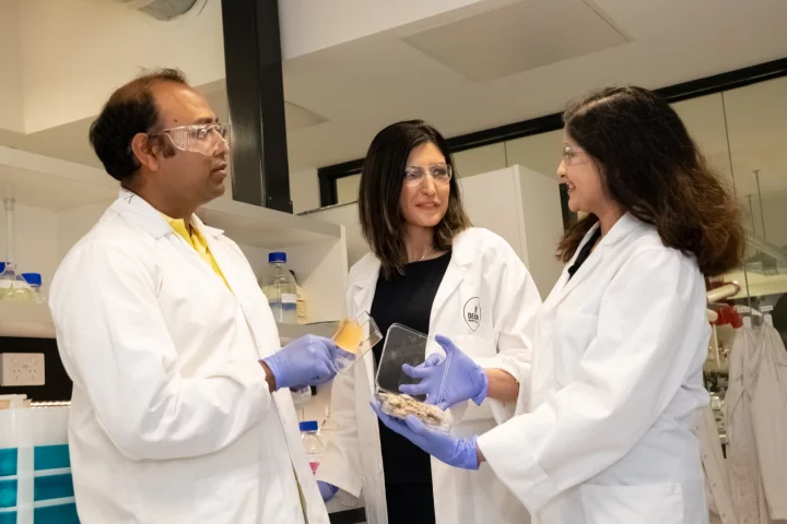 PhD candidate Abu Naser Md Ahsanul Haque (left), Dr. Maryam Naebe and associate research fellow Dr. Rechana Remadevi, with samples of the bioplastic