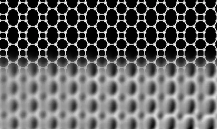 Composite image depicting the network of carbon atoms making up biphenylene as a schematic above, combined with high-resolution microscopy images of the material below