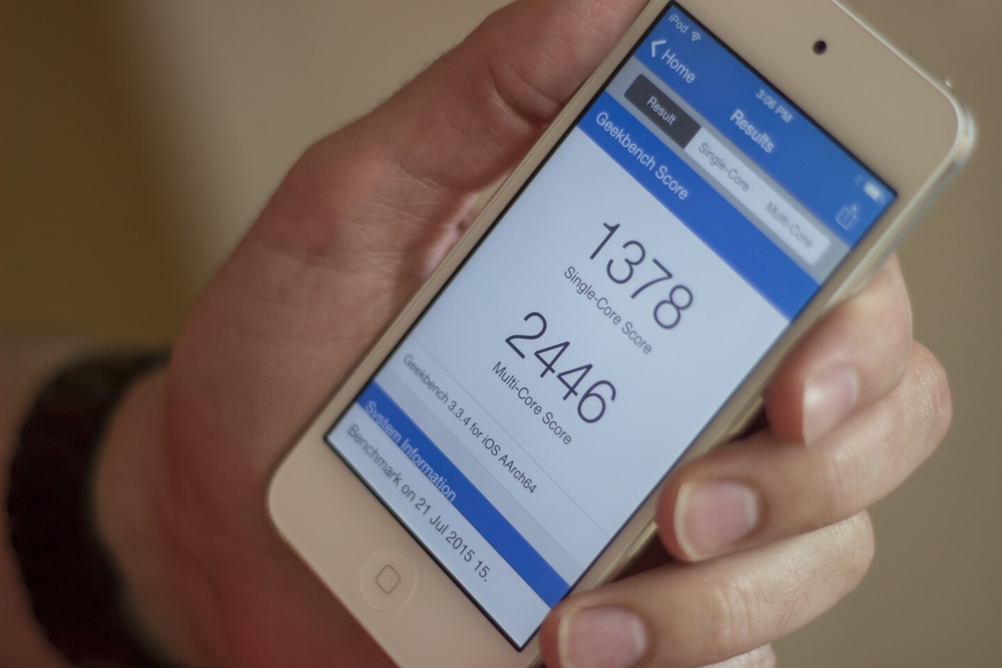 The iPod touch's A8 chip benchmarks at 85-86 percent as fast as the iPhone 6