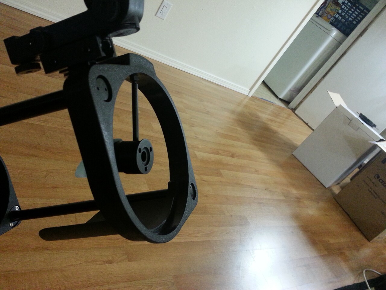 Image of the upper end of the telescope as received, showing the secondary mirror mount badly bent out of position (Photo: B. Dodson)