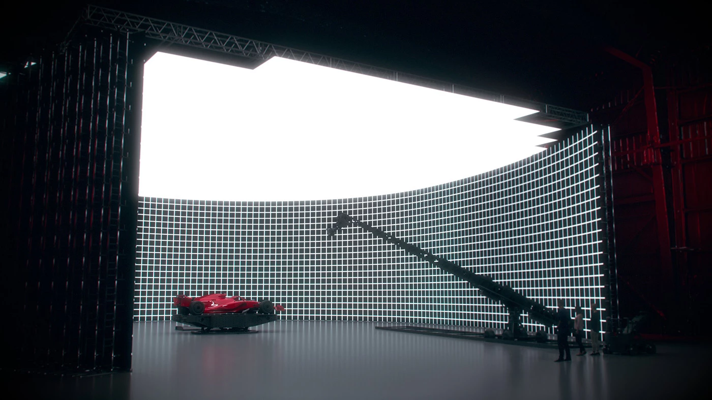 A wall of LED screens pairs with the Akira system to display footage or 3D game engine content to blend the vehicle seamlessly into a scene
