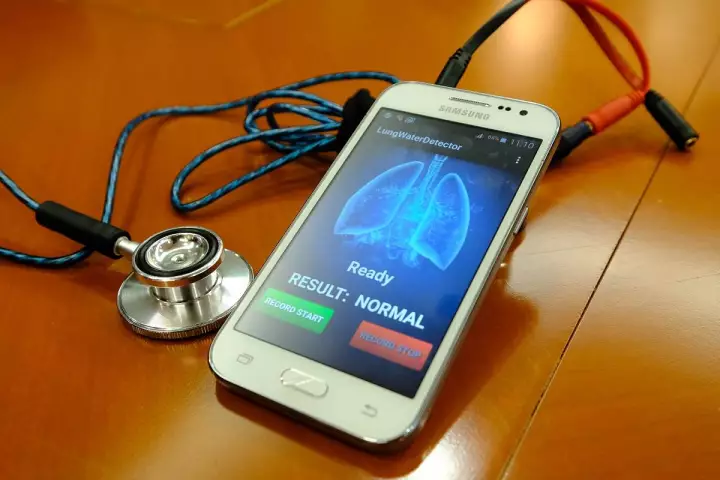 The device takes the form of a stethoscope-like acoustic sensor which is hard-wired to a smartphone