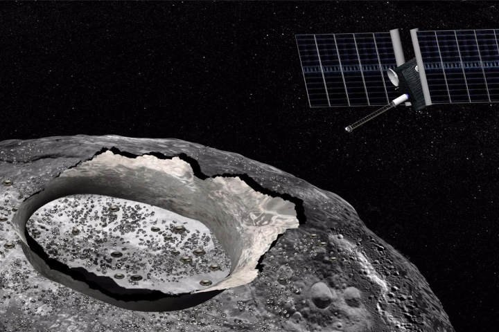 Artists concept of the Psyche spacecraft orbiting its target asteroid