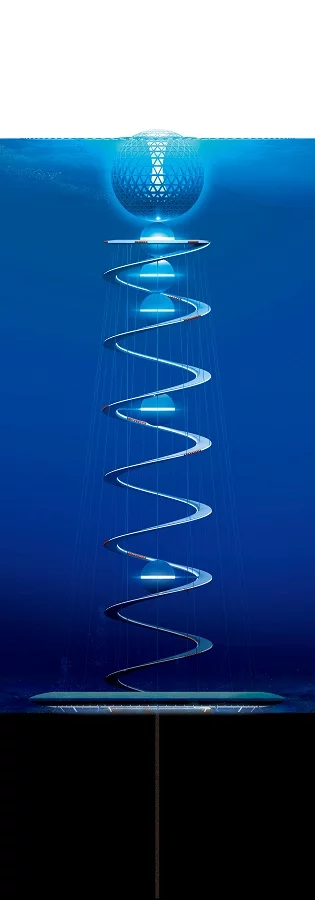 The spiral contains facilities for generating power via ocean thermal energy conversion, producing food via deep sea aquaculture, and desalinating water