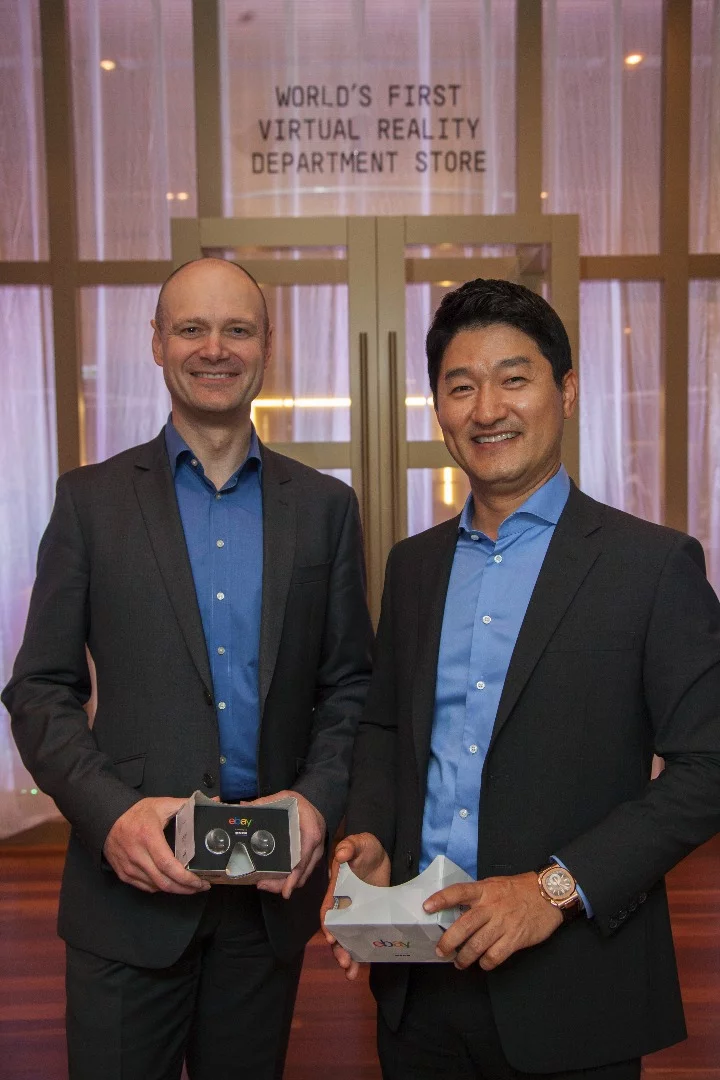 Myer CEO Richard Umbers, with the Managing Director of eBay Australia/New Zealand, Jooman Park, at the launch event in Sydney