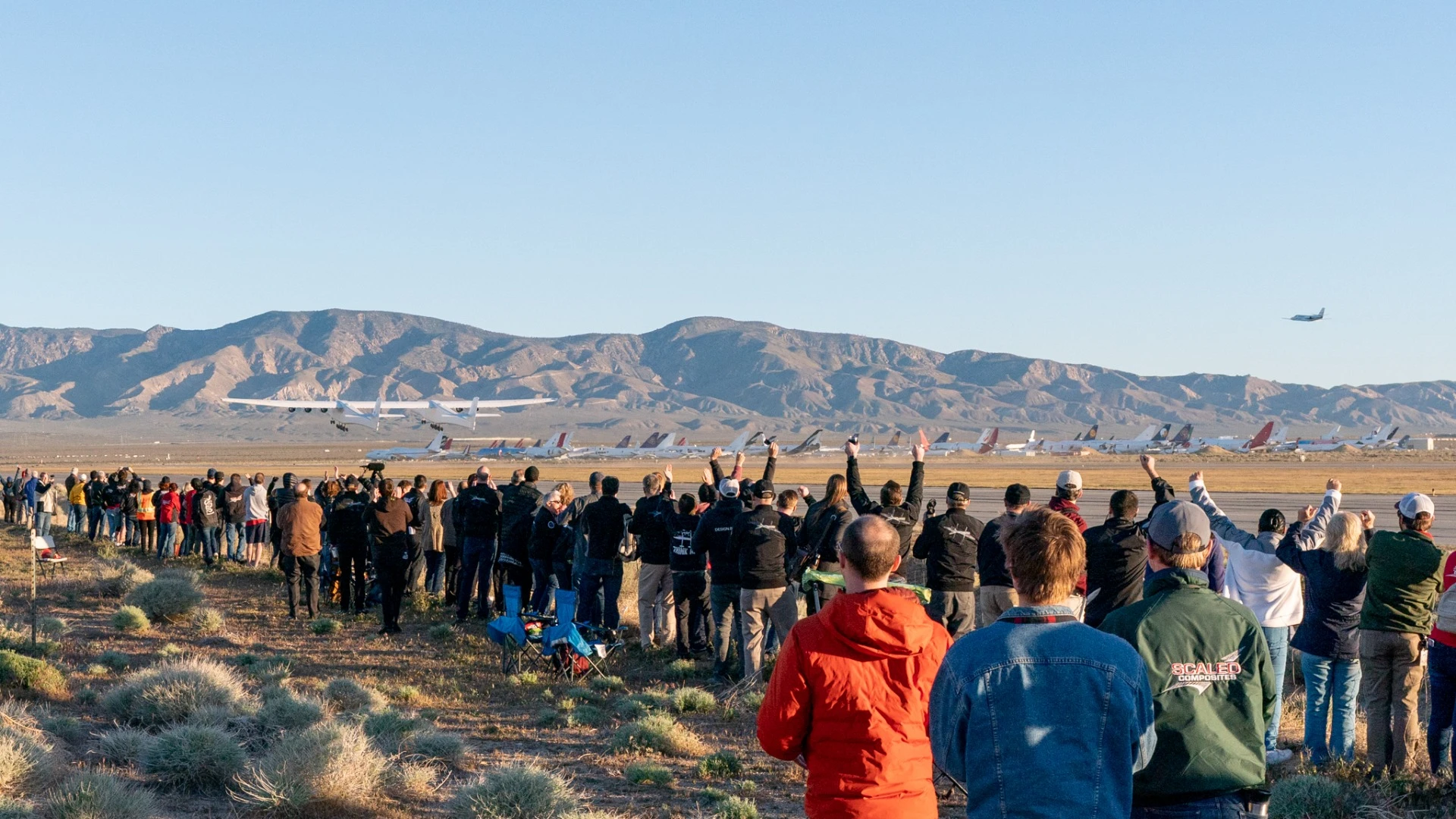 A crowd watching Stratolaunch's first flight
