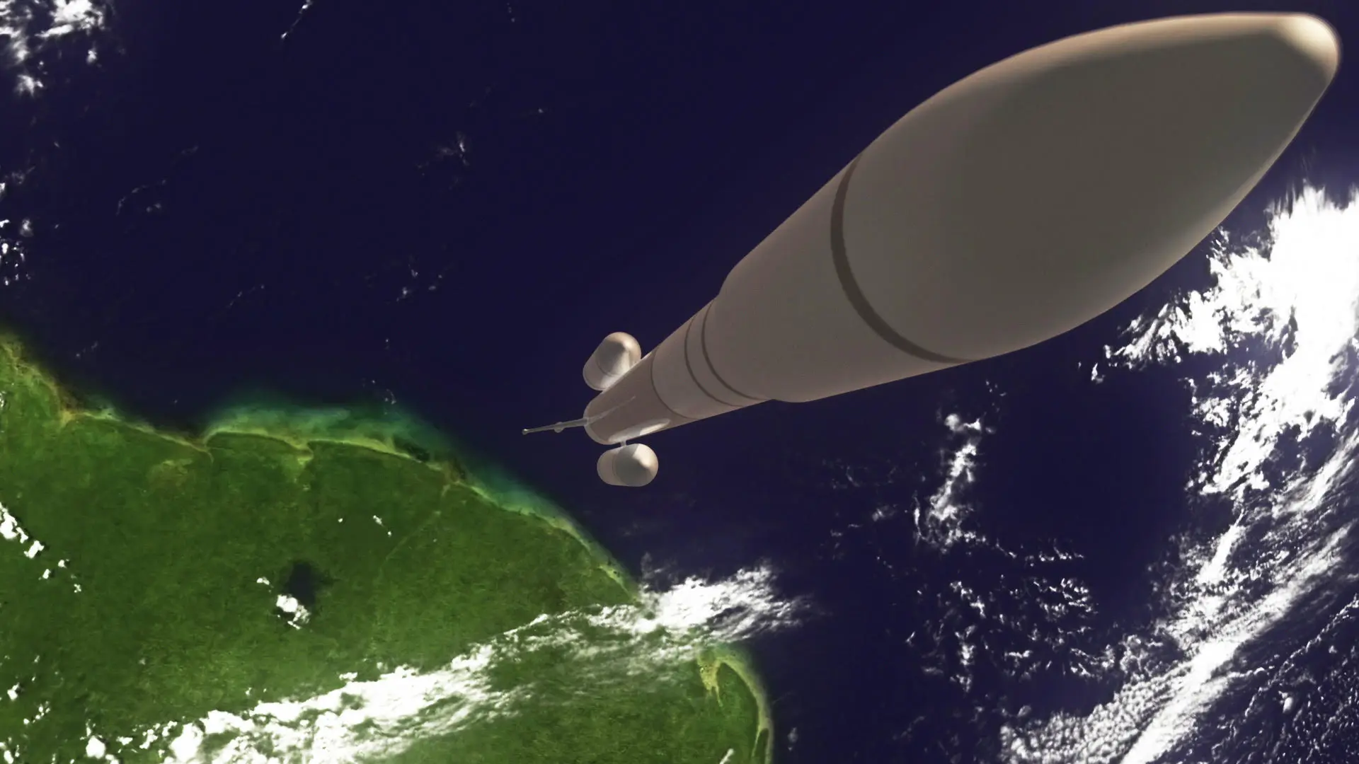 Artist's concept of AirBus's Ariane 6 launch vehicle, with the Adeline system at the base of the rocket