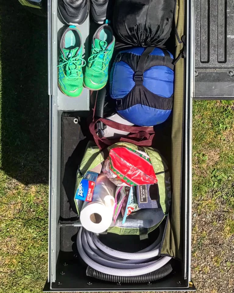 The large storage drawer varies in size according to the truck but helps keep gear safe and organized