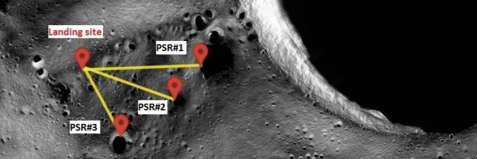 A map of the proposed landing site, near Shackleton crater (the big dark ring on the right), showing the three potential points of interest within laser range