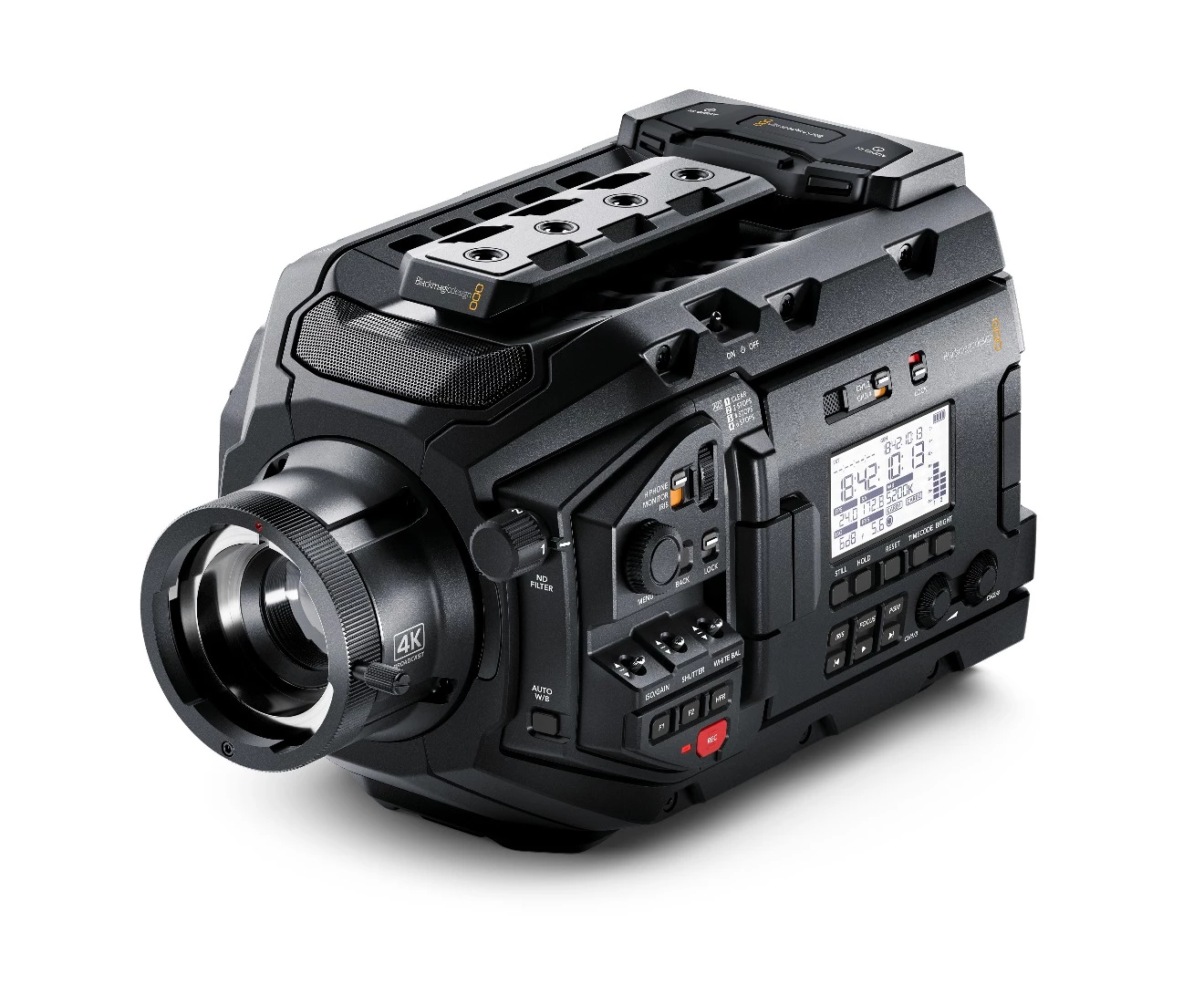 The outside of the Blackmagic URSA Broadcast 4K camera is jam-packed with traditional broadcast controls and buttons, in a layout designed to allow for ease of operation without needing to constantly look away from the action