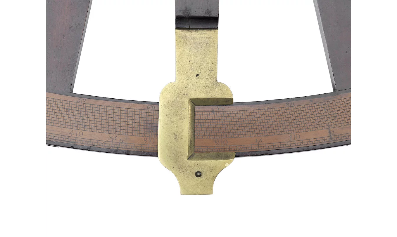 A fine George Adams senior mahogany and brass Hadley's quadrant or octant, English, dated 1767, detail