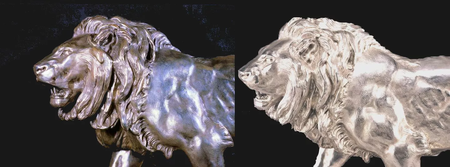 Photos comparing the appearance of the Walking Lion before (left) and after (right) polishing