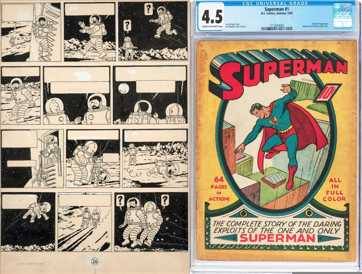Collectible comic sales are as strong as ever, but the last two years has seen a huge jump in the prices of original Tin-Tin comic art by Belgian George Herge, with several big comic sales last week including the sale by Artcurial of an original page of artwork from the 1954 album, On a marché sur la Lune. The single page sold for €1,553,312 ($1,646,503), roughly double the estimate of €700,000 to €900,000). In the same week, Christies sold another full page artwork from the same album which fetched €602,500 ($638,650). Superman continues to rule the roost in terms of collectible comic books, with a sale this week of the first Superman-specific comic (Superman #1), which was published in 1939, a year after the his first appearance in Action Comics #1, the comic that kicked away the superhero genre. The record for a single comic book at auction is held by Action Comics #1 at $3,207,852 which sold on eBay in 2014. This copy of Superman #1, despite a grading of 4.5, sold for $358,500 on 18 November at Heritage Auctions.