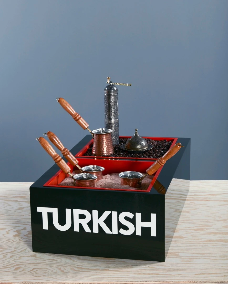 A Turkish Coffee Kit module provides all the equipment required for traditional Turkish preparation, including a grinder, a cezve (or pot) and a sandpit