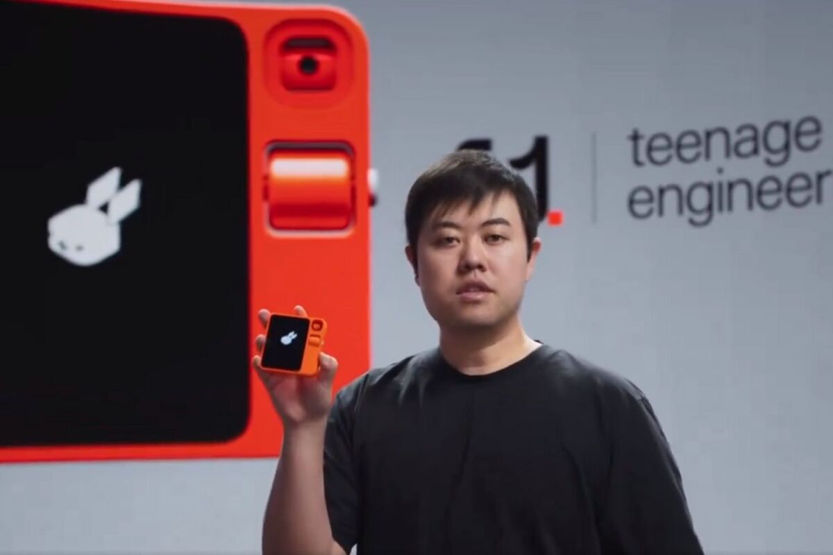 Jesse Lyu of Santa Monica-based tech startup Rabbit introduces the R1 pocket companion, which is scheduled to go on sale in the US from March 2024