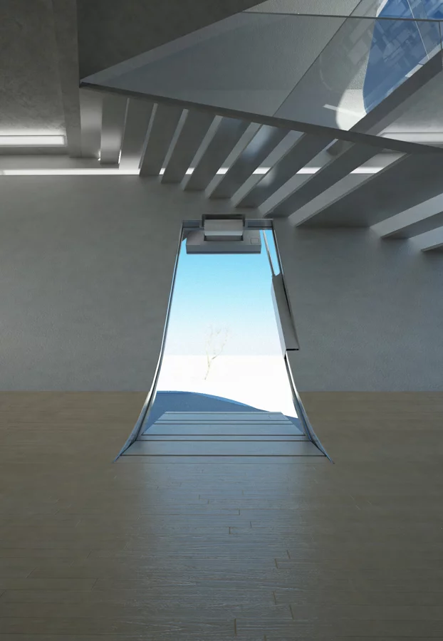 The hydraulic powered automatic door, which opens into two sections (image from Violent Volumes)