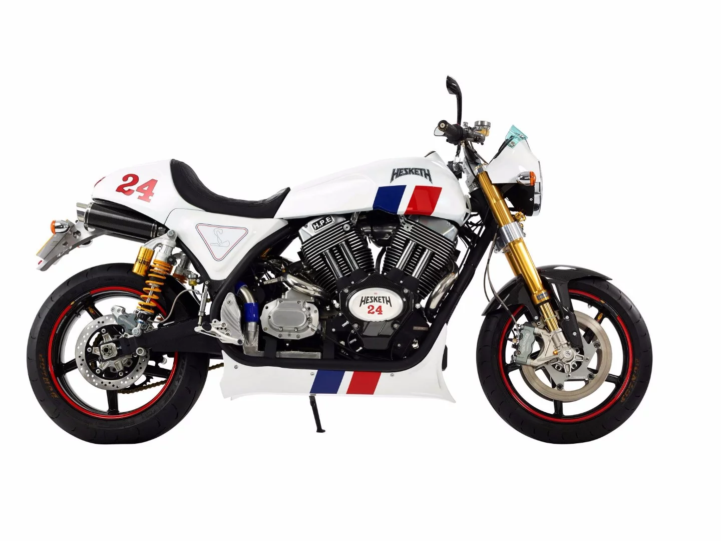 The 24 was the motorcycle that brought Hesketh back to life in 2014, inspired by James Hunt's 1975 F1 racer and produced in a very limited production run of only 24 examples