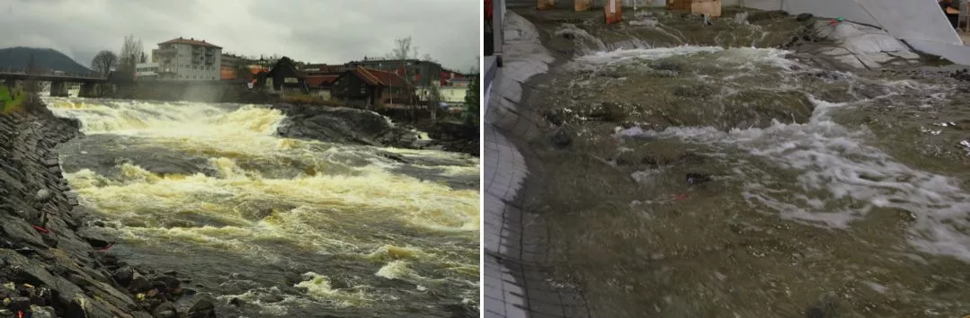 The upper falls and ledge on the actual River Numedalslaagen (left), and the miniature versions of them within the model (Photos: NHC)