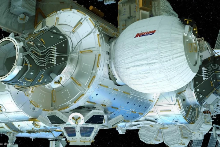 The Bigelow BEAM experimental inflatable habitat module being tested on the ISS