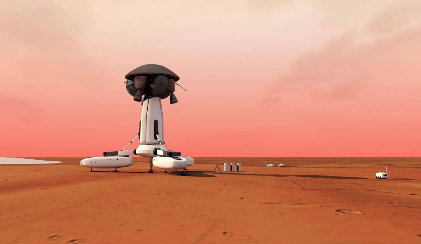 A sky crane dropping a tower module at the Mars base