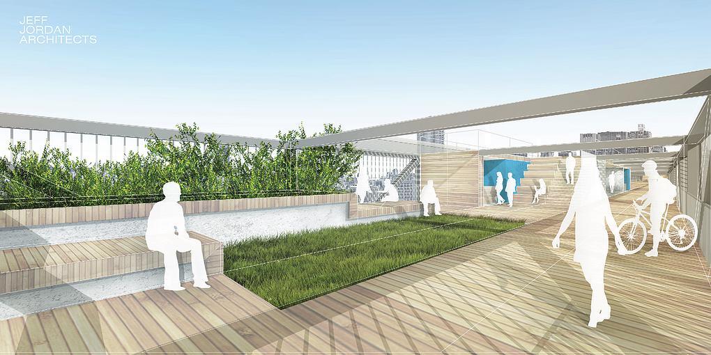 The Liberty Bridge would feature grassy areas, benches, solar panels, and wind turbines