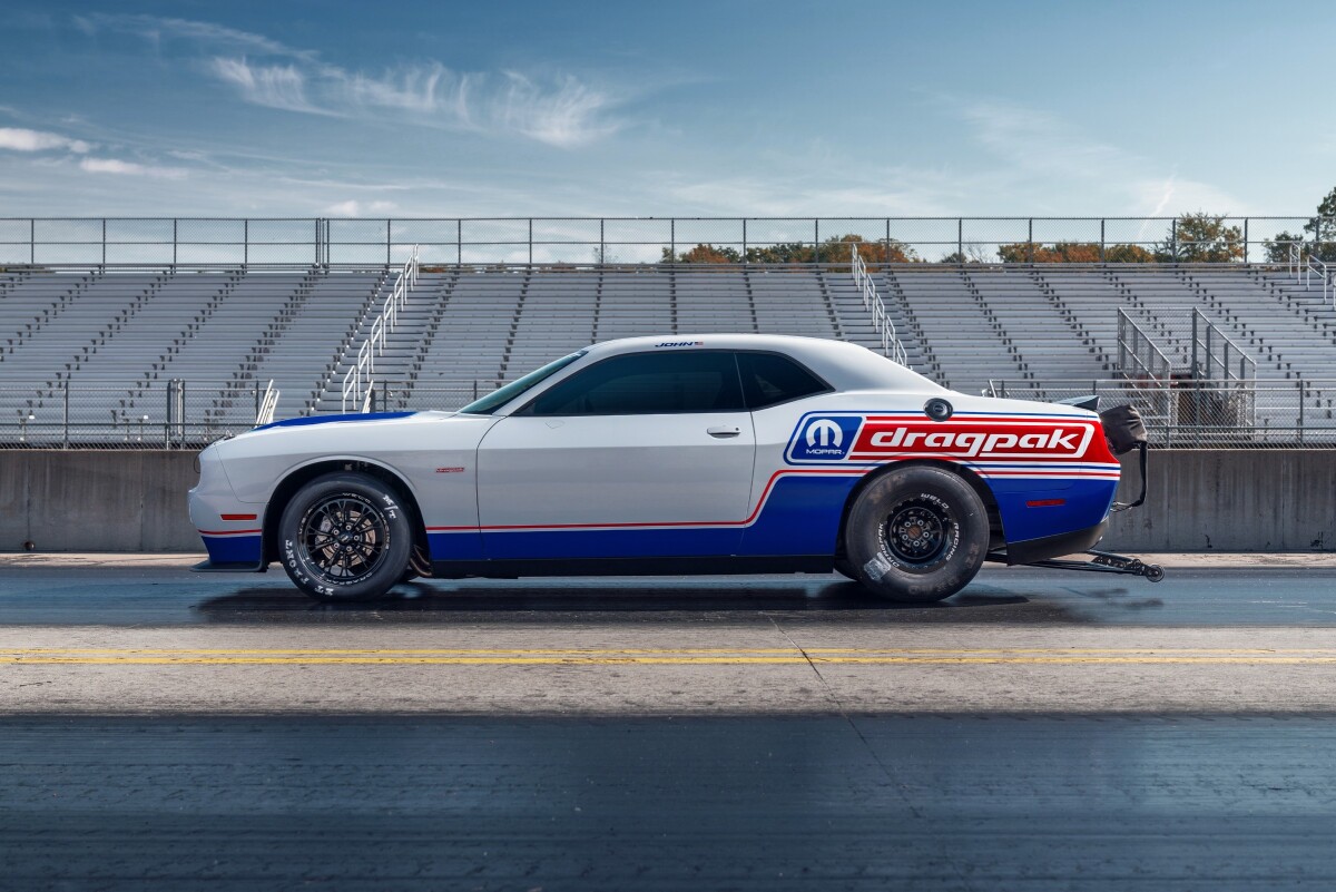 The 2020 Mopar Dodge Challenger Drag Pak is powered by the supercharged 354-cubic-inch HEMI V-8 engine
