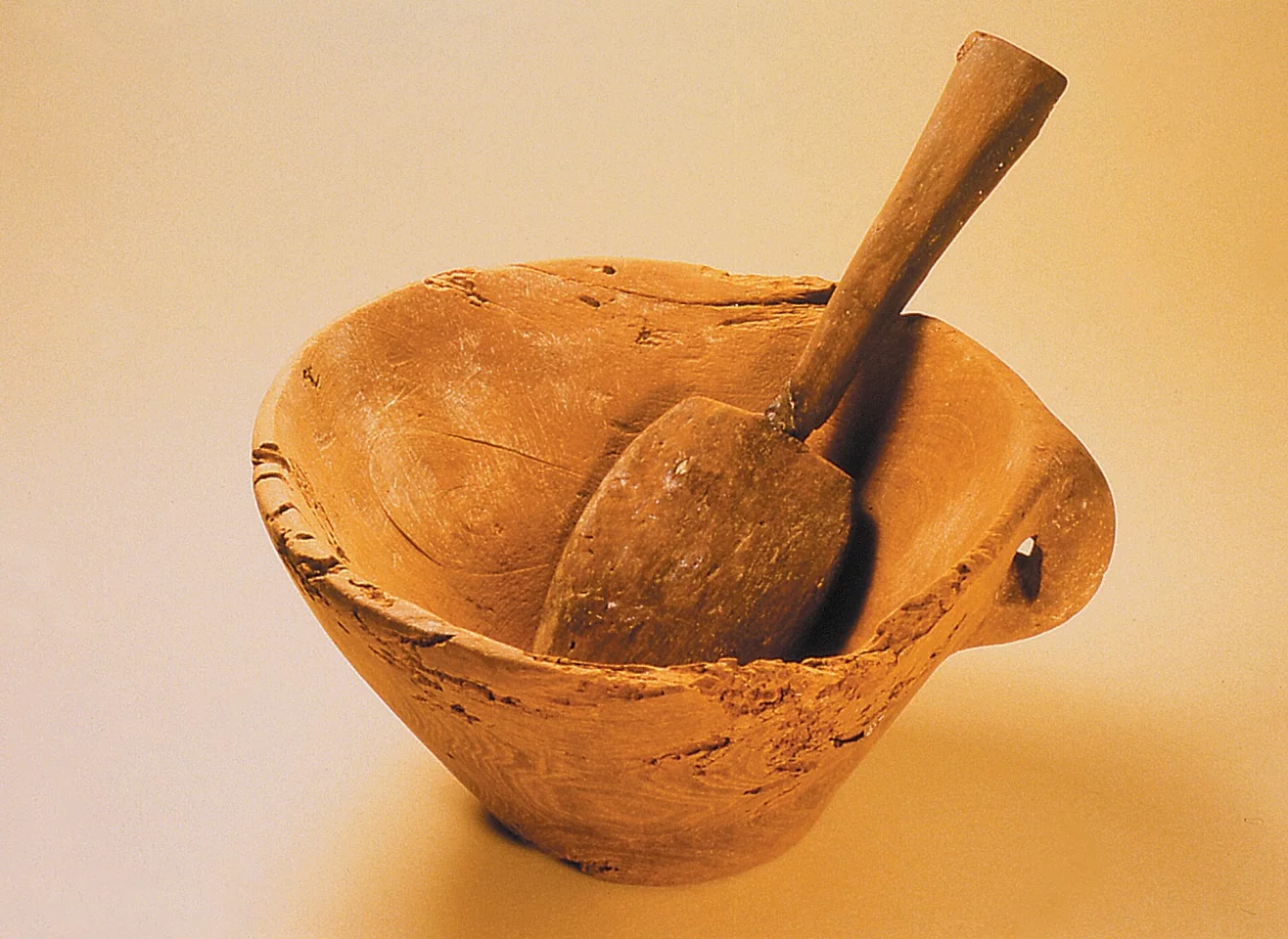 A bowl and spatula found with the hair clipping vessels