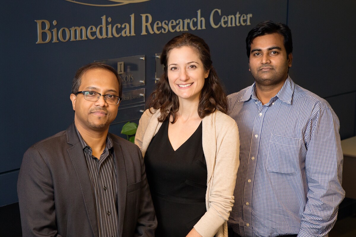 Lead scientists Prof. Dipanjan Pan (left), ophthalmologist Dr. Leanne Labriola, and postdoctoral researcher Santosh Misra